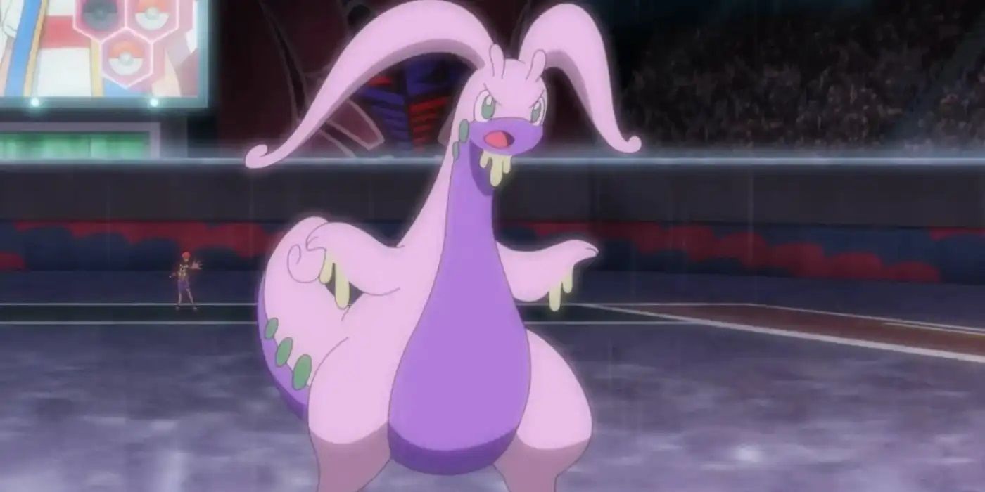 Goodra stands, ready to fight in an arena