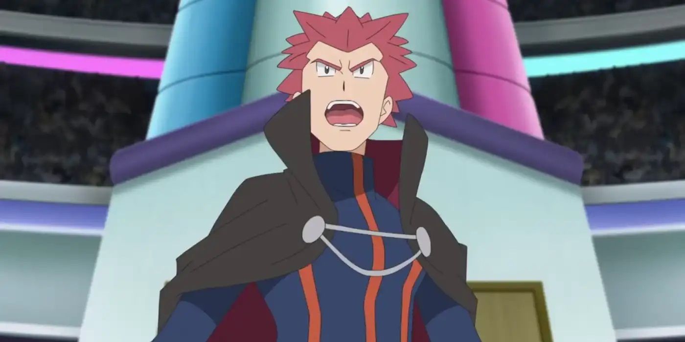 Lance with his mouth open in an arena in the Pokémon anime