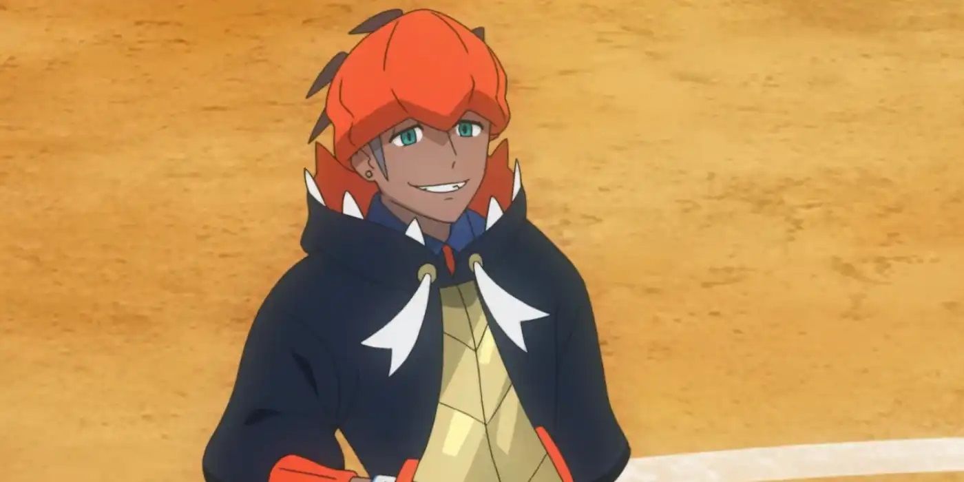 Raihan looking rather smug in the middle of an arena in the Pokémon anime