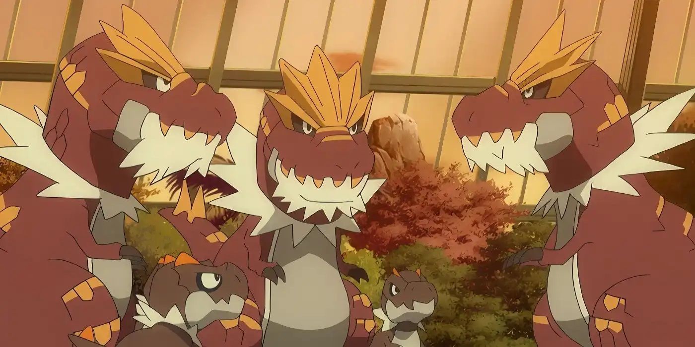 Tyrunt and Tyrantrum stand together in a building