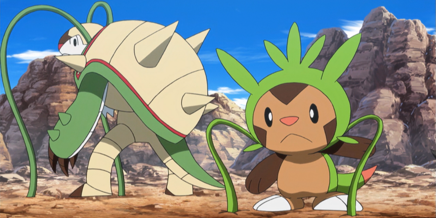 Clemont's Chespin sticks his vines into the ground alongside a Chesnaught