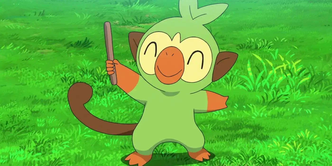 Grookey holding his stick, happy