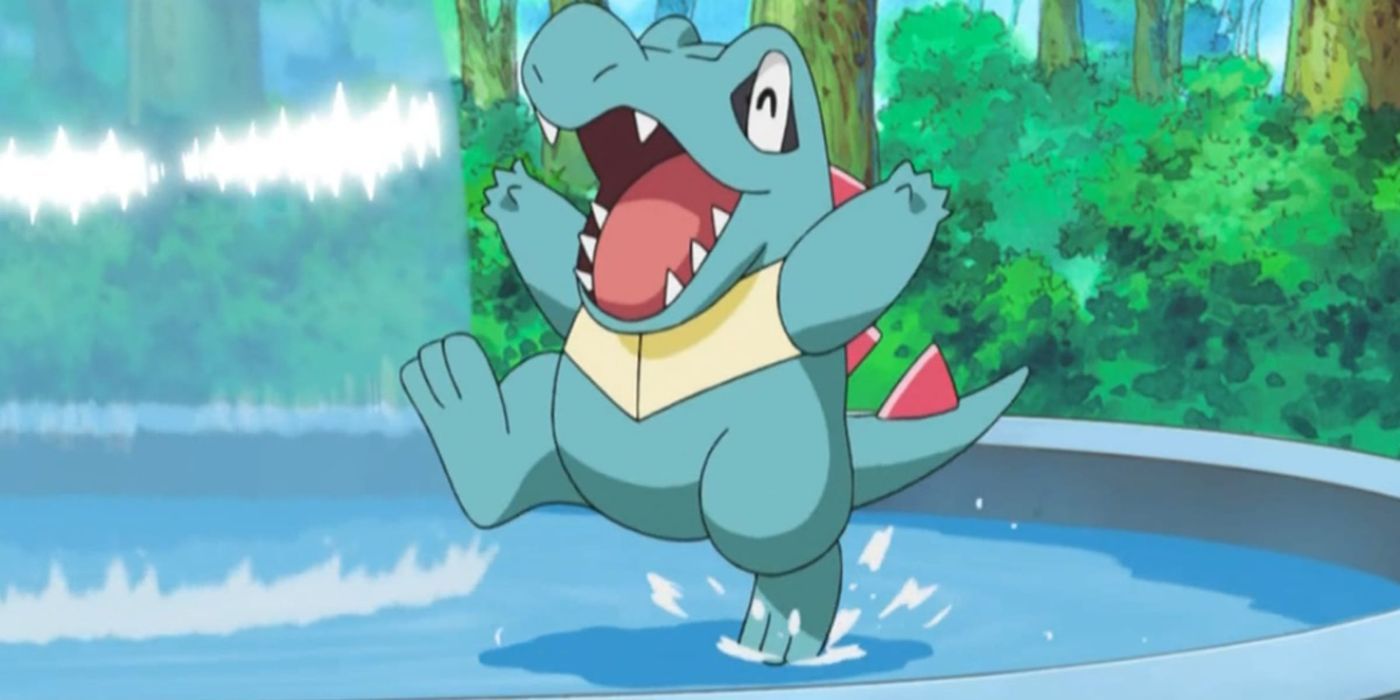 Totodile dances in a fountain