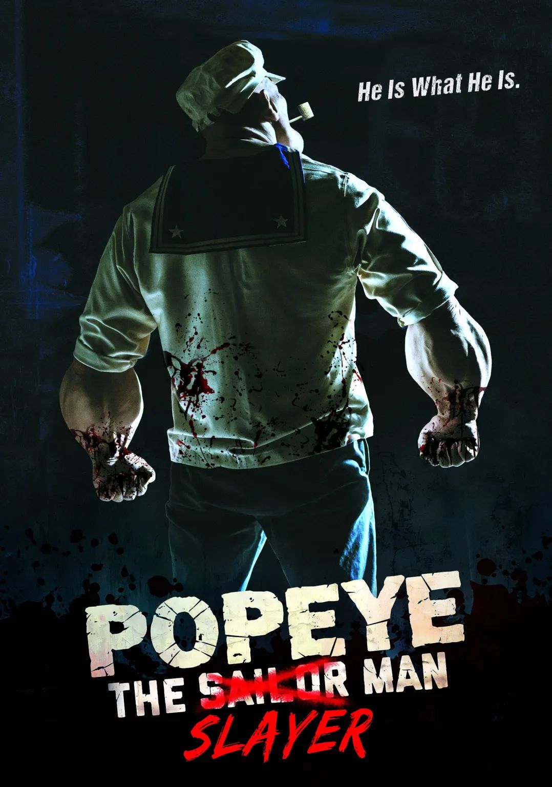 Jason Stephens dressed as Popeye with his back turned in the Popeye the Slayer Man poster