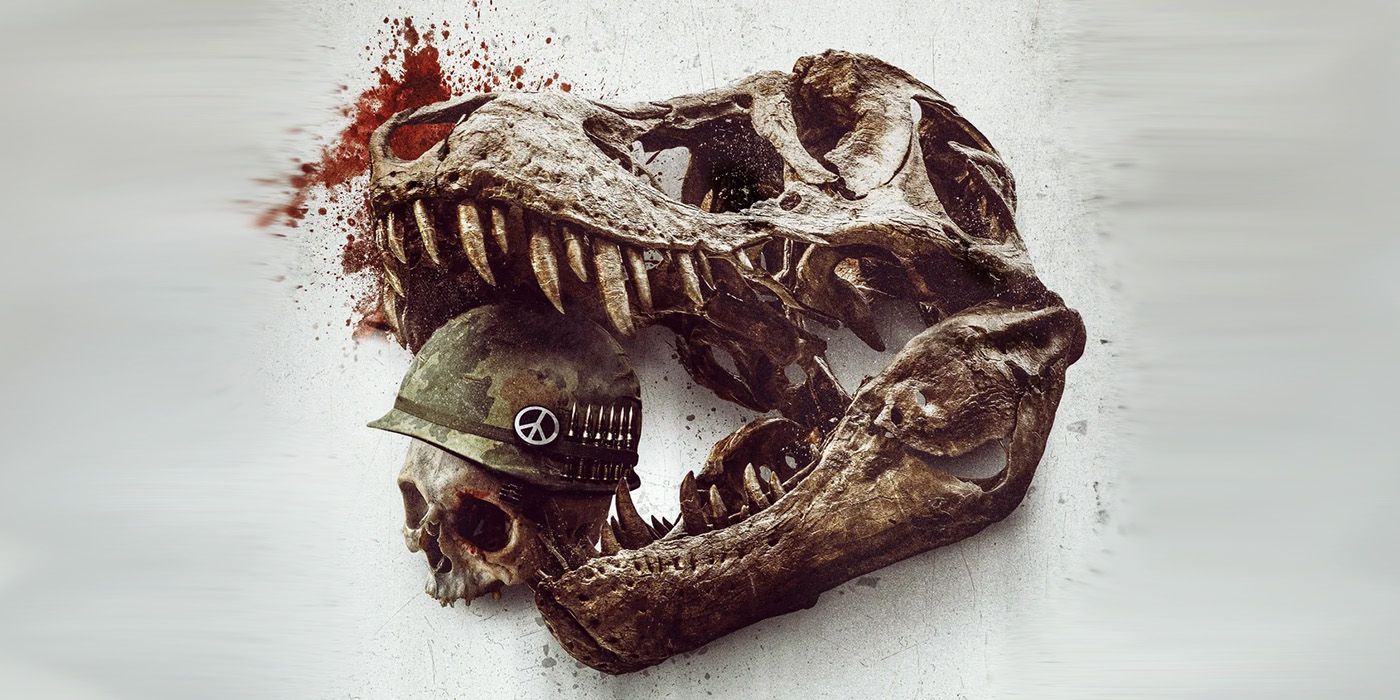 a dinosaur skeleton biting down on a human skeleton on the poster for Primitive War