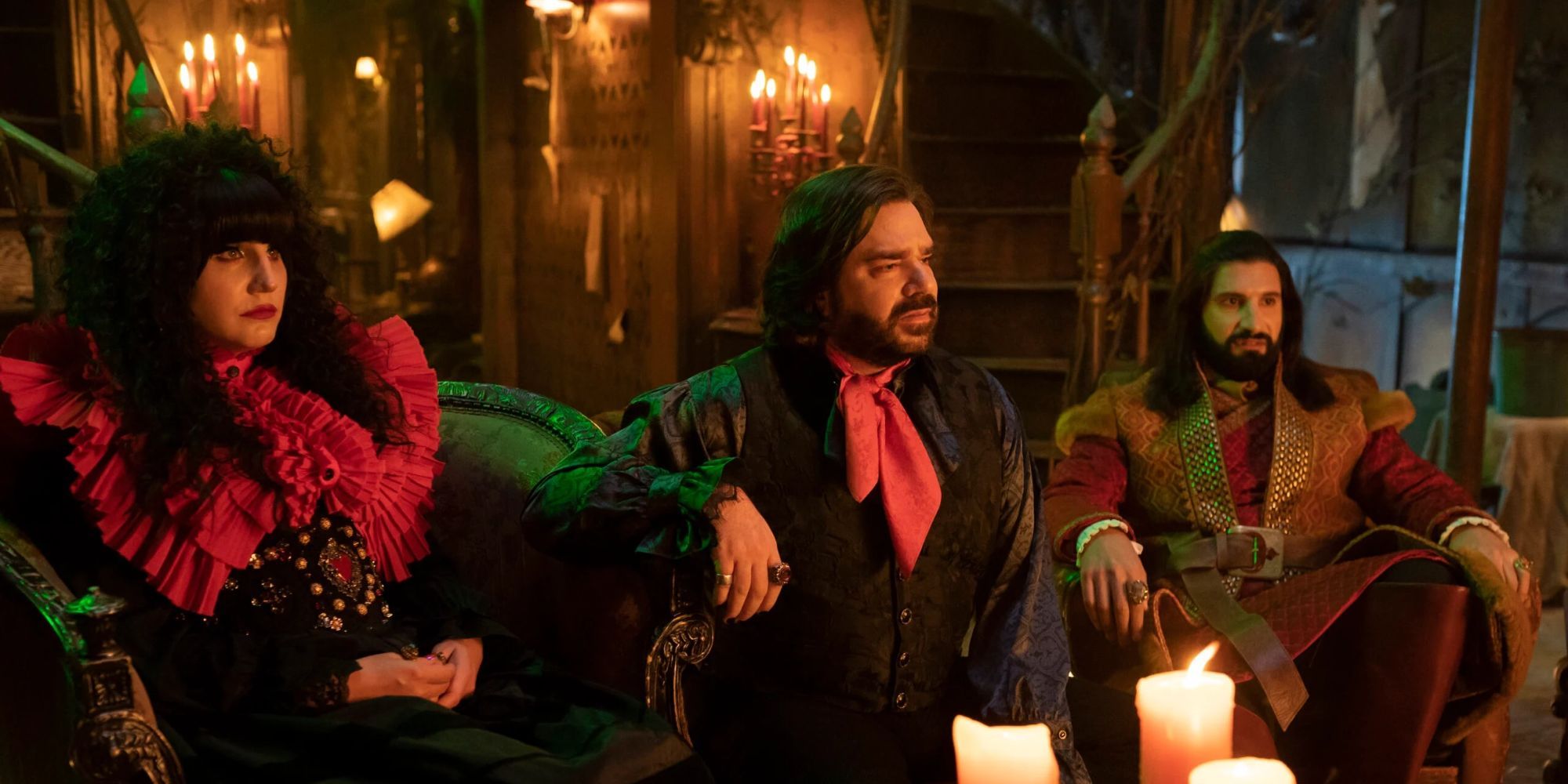 The vampires sit in the parlor and discuss private school for Colin Robinson on What We Do in the Shadows.