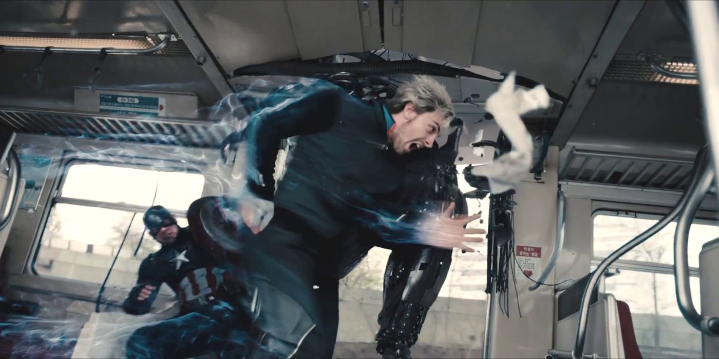 Quicksilver checking Ultron to the side in Avengers: Age of Ultron