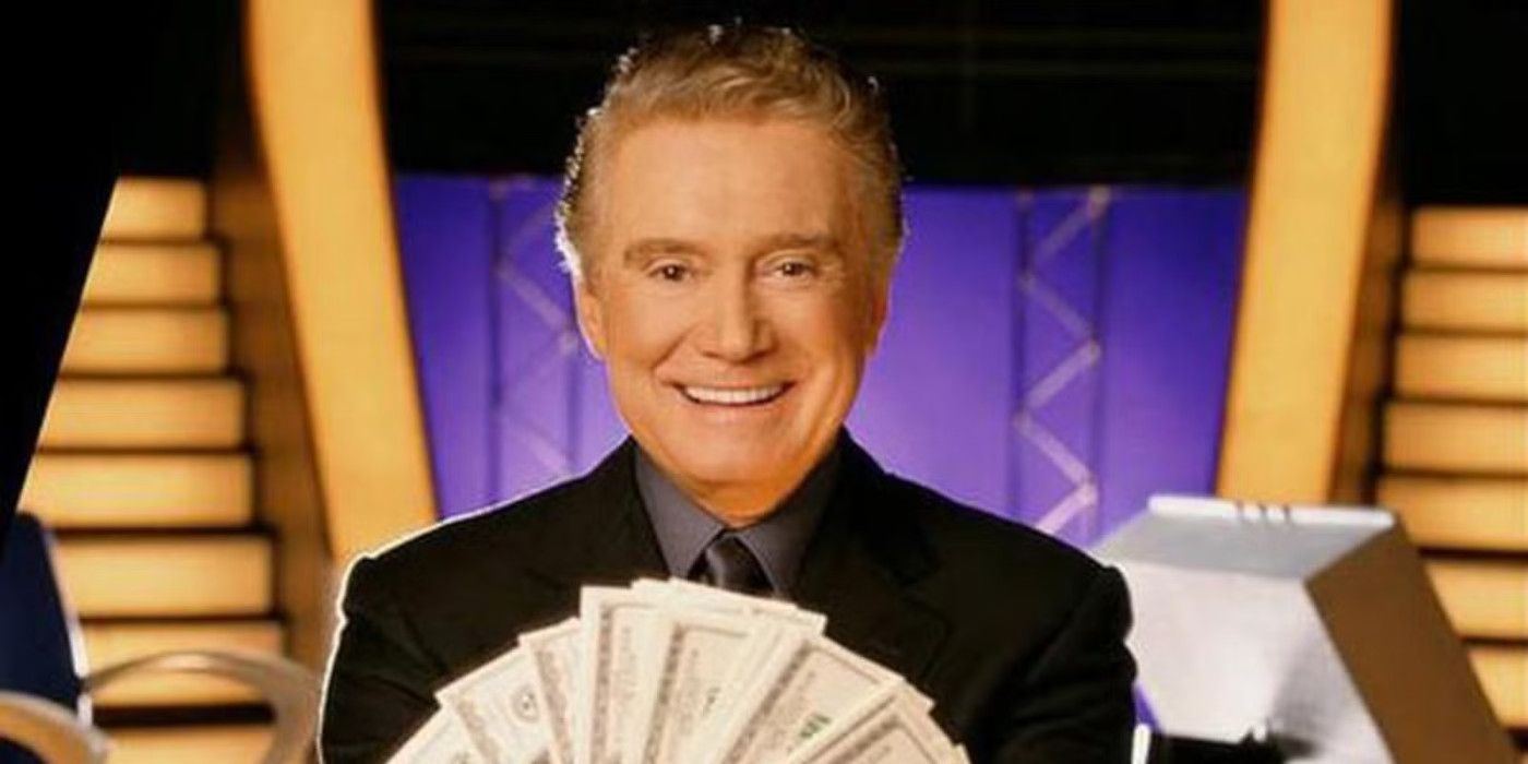 Host Regis Philbin smiles at the camera, holding cash on Who Wants to be a Millionaire.