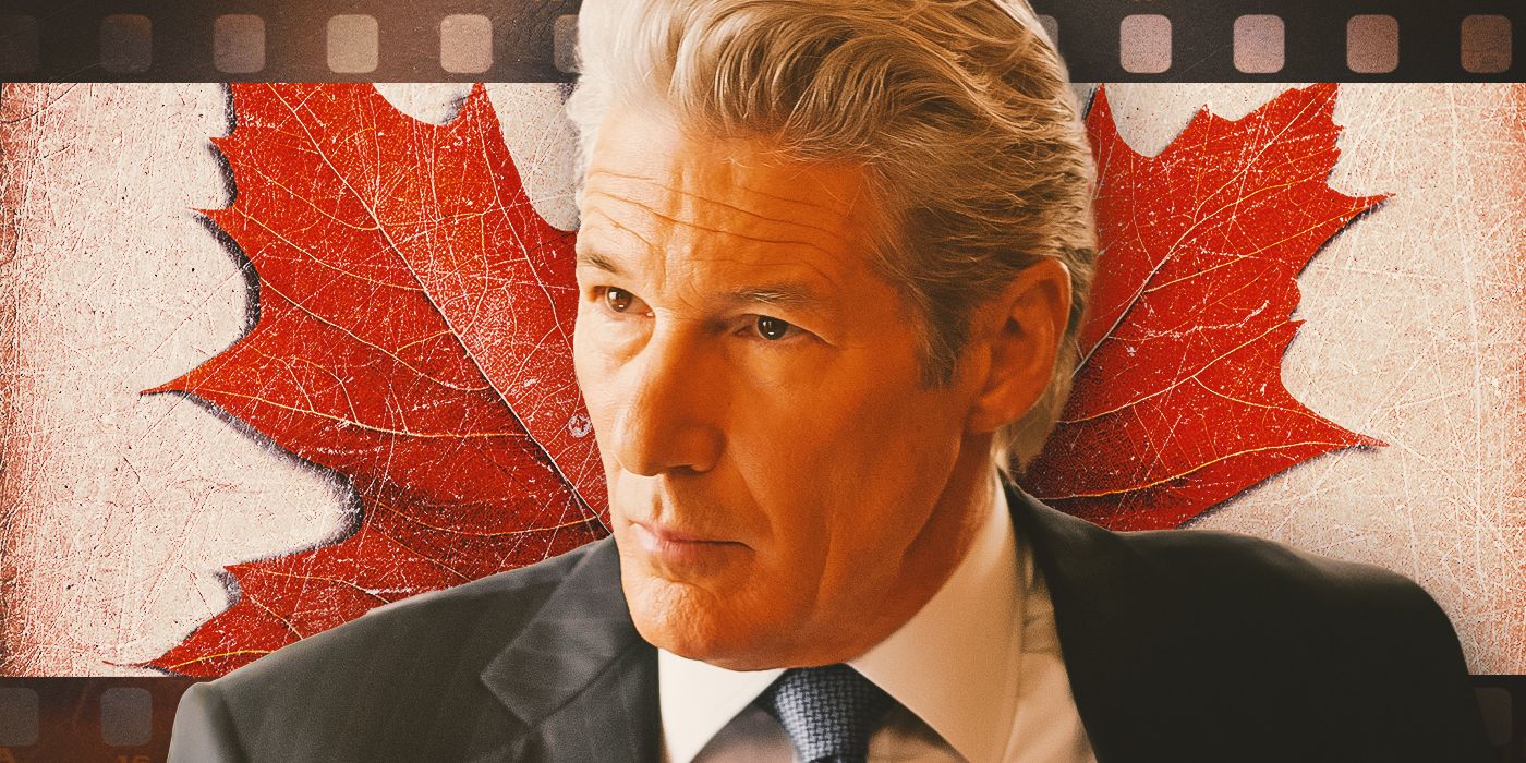 Actor Richard Gere in a suit and tie against a backdrop of a red maple leaf.