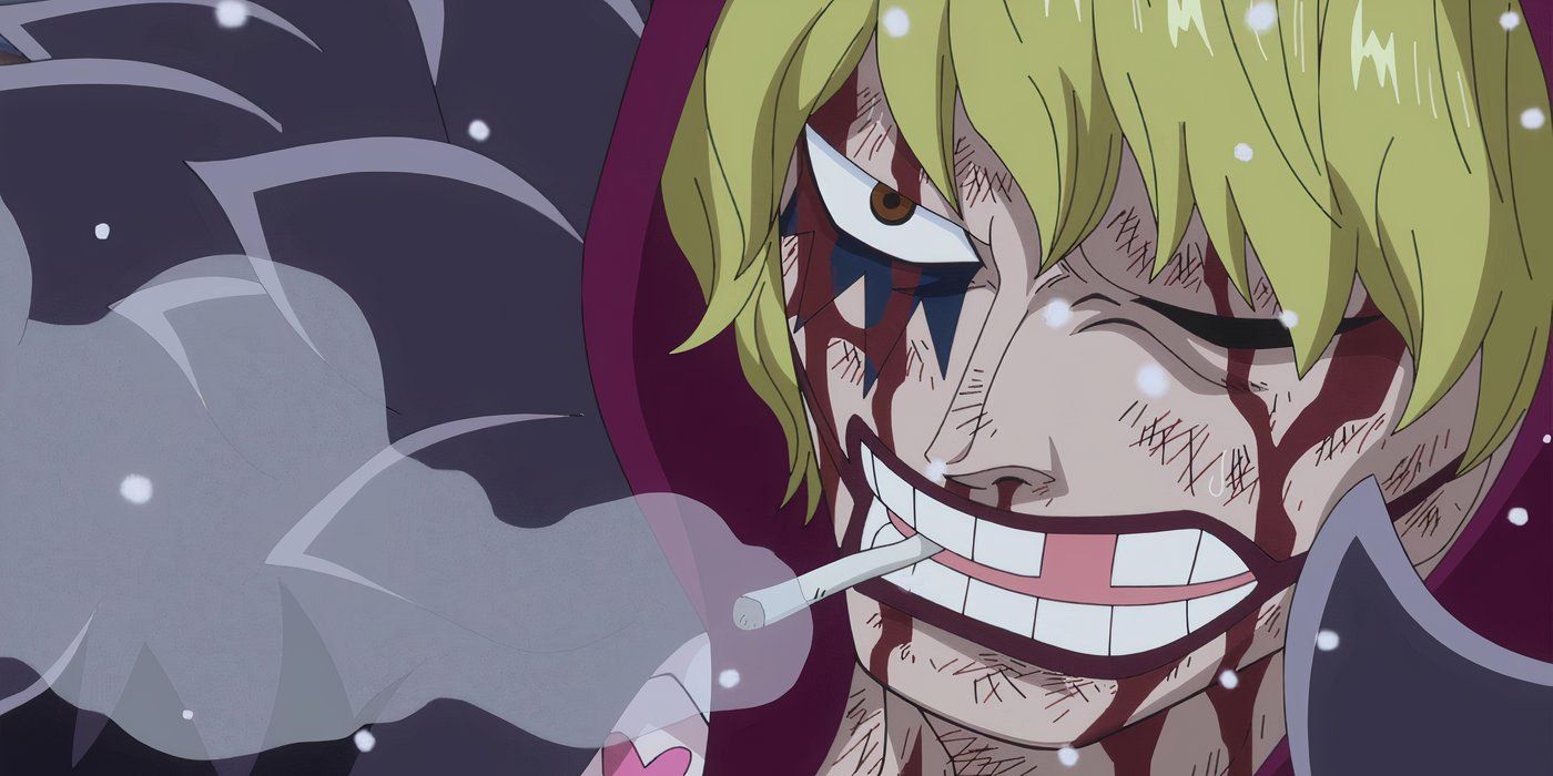 Rosinante looking bloody with a cigarette in One Piece