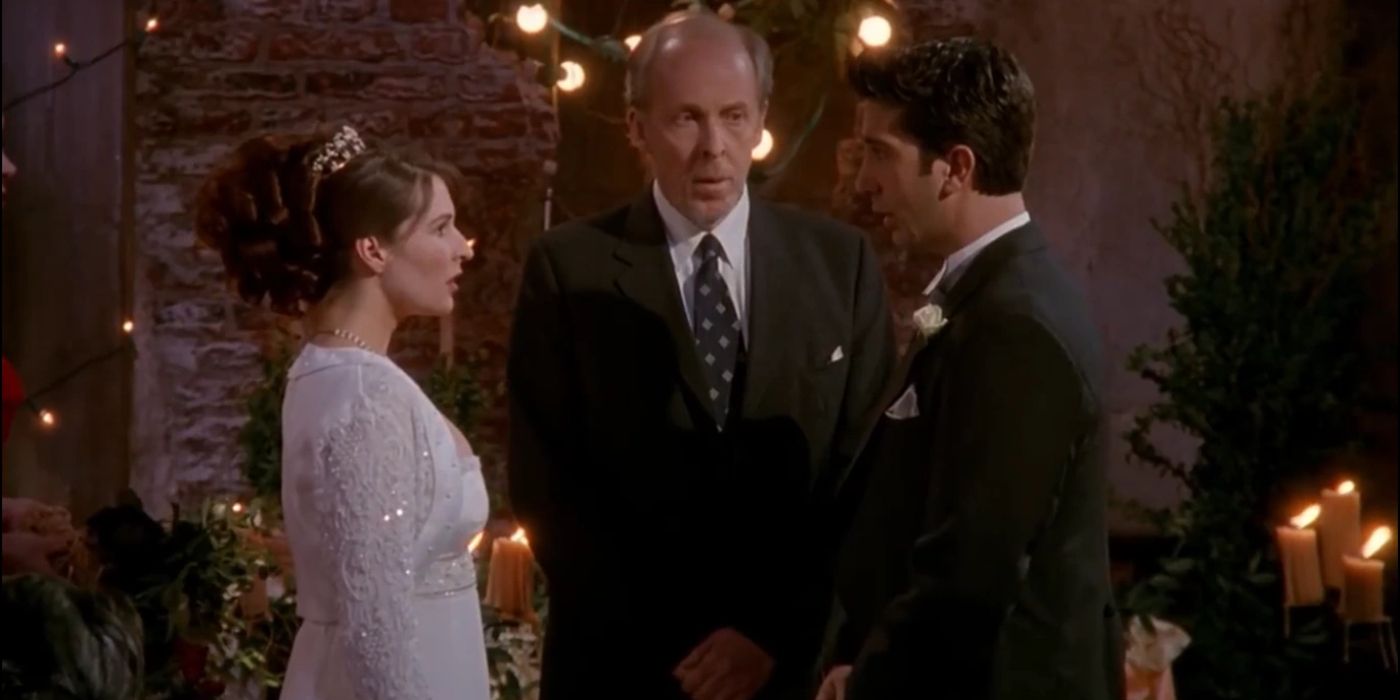 ​​​​​​​Ross (David Schwimmer) and Emily (Helen Baxendale) at their wedding in Friends. 