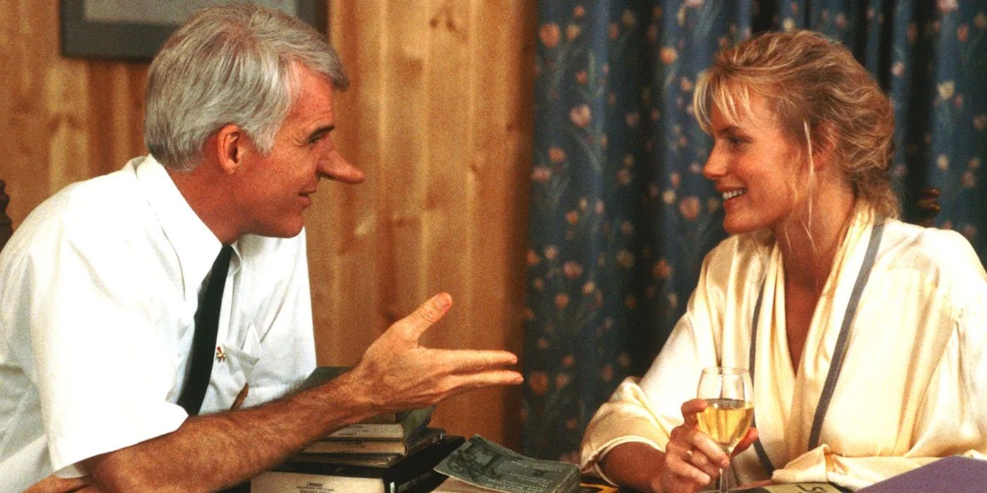 Steve Martin as Charlie "C.D." Bales and Daryl Hannah as Roxanne Kowalski sitting together at a table in Roxanne