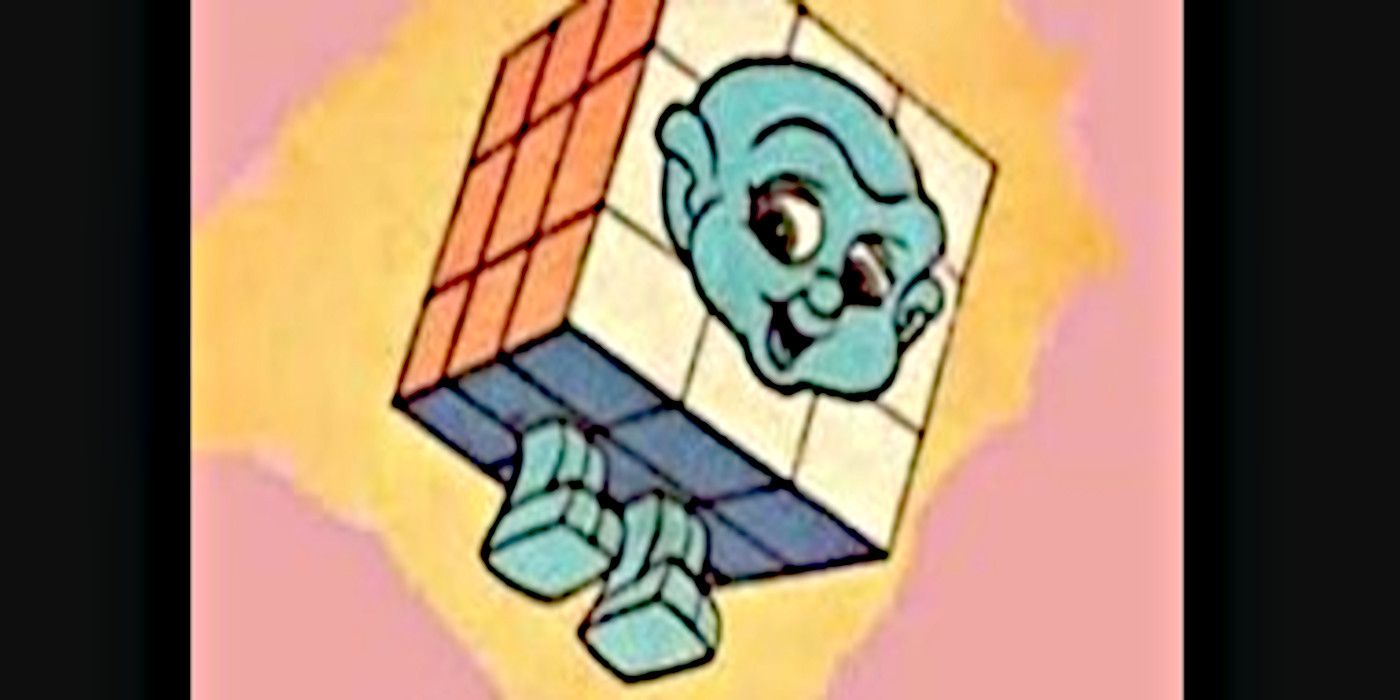 Rubik, a Rubik's Cube with blue legs and a face smiles in Rubik, the Amazing Cube