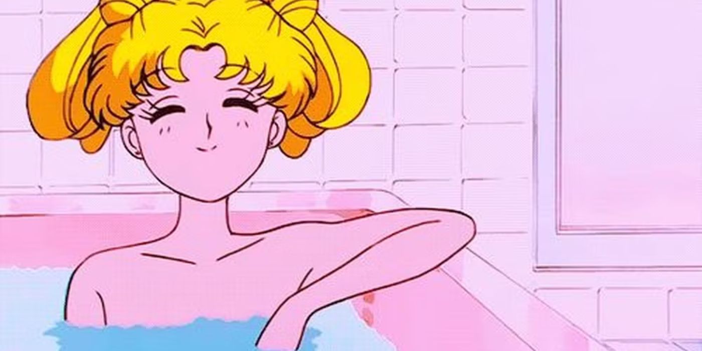 Serena in 'Sailor Moon' similing in a bath tub.