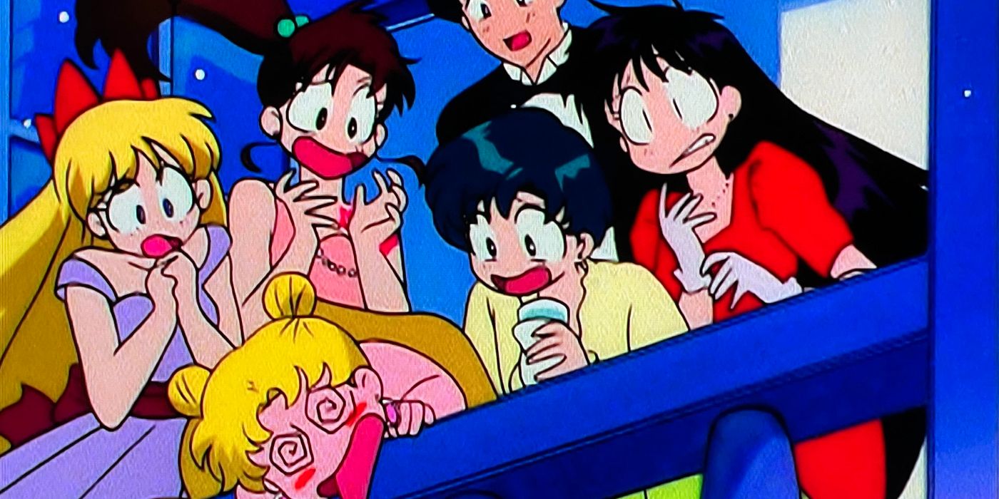 Serena is drunk and leans over the edge of a railing at a party as others gasp watching her in Sailor Moon.