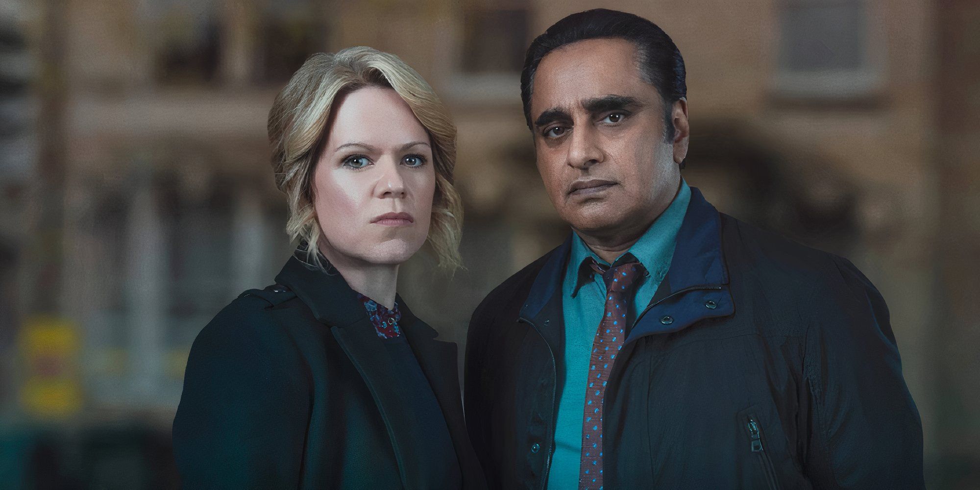 Sanjeev Bhaskar and Sinead Keenan in Unforgotten looking at the camera.