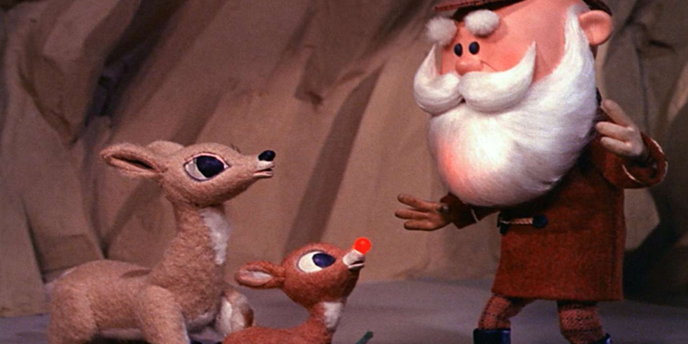 Santa (Stan Francis) is shocked at Rudolph's (Billie Mae Richards) bright red blinking nose in Rudolph the Red-Nosed Reindeer.