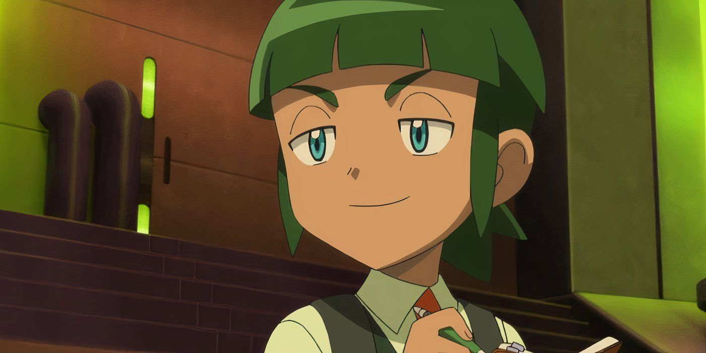 Sawyer smirking while writing in a notebook in Pokemon: XY