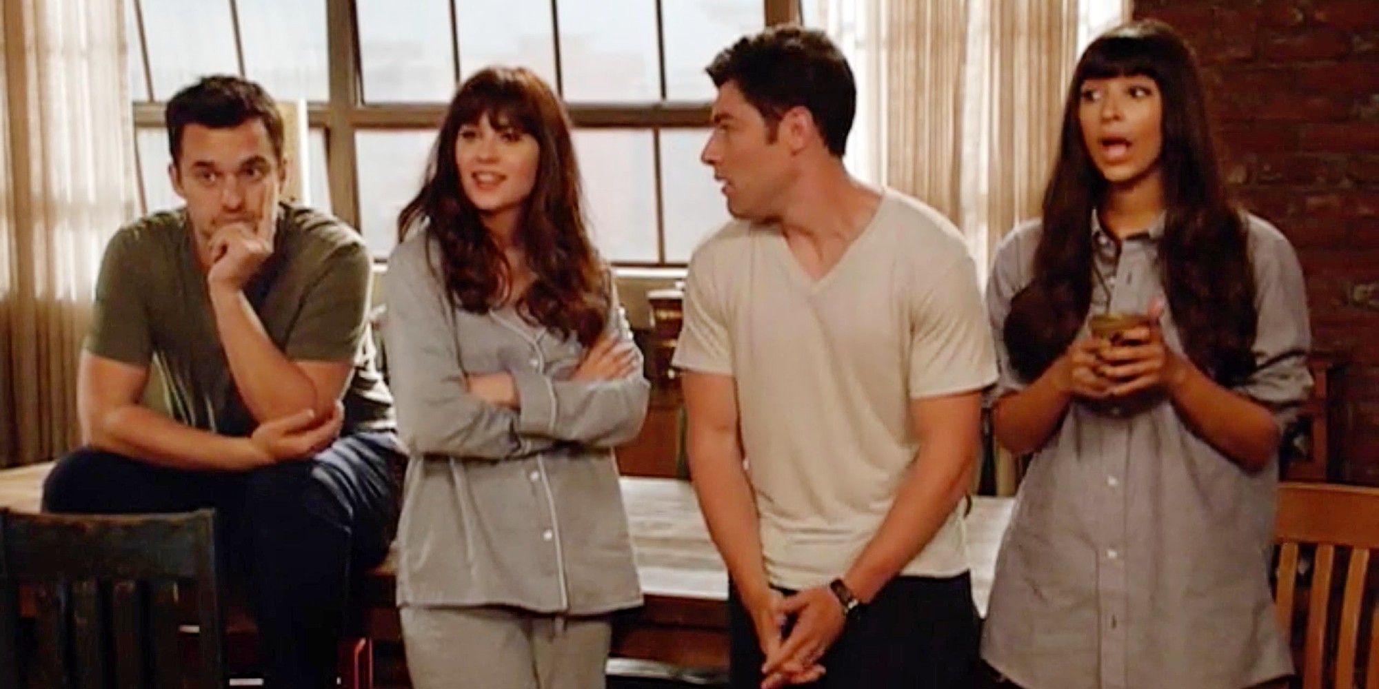 Nick, Jess, Schmidt, and Cece standing together wearing pajamas in New Girl.