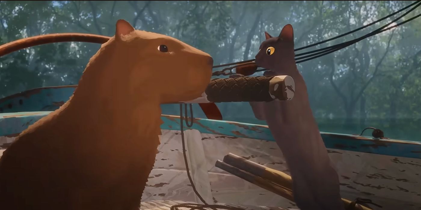 A capybara and a cat facing each other in Flow
