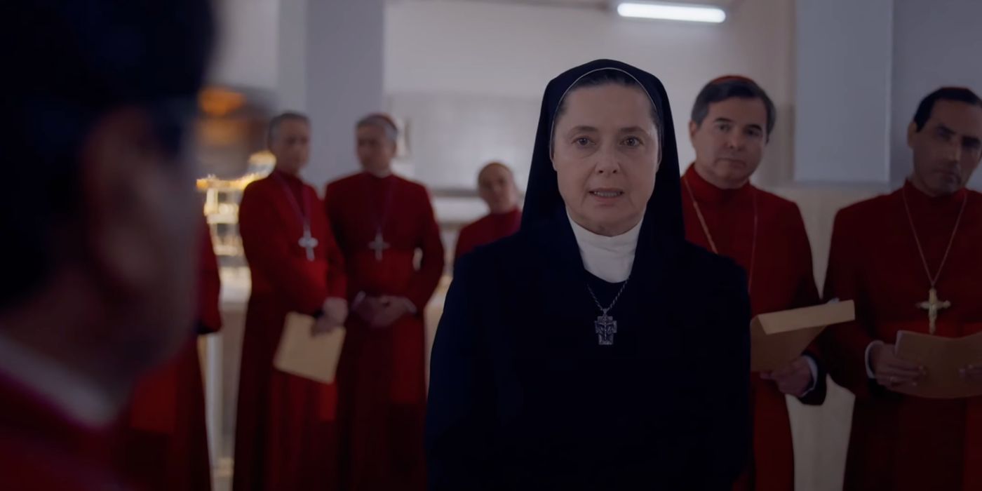Sister Agnes (Isabella Rossellini) has a big monologue in Conclave.