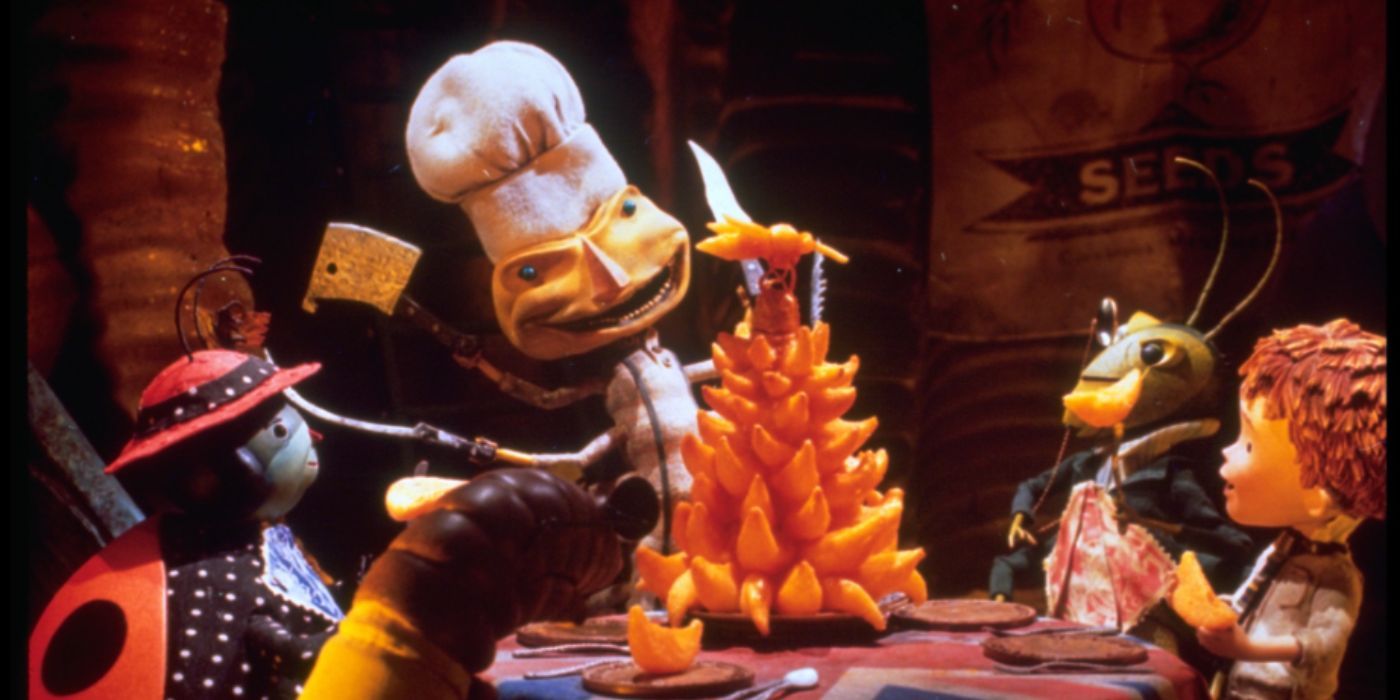 Mr. Centipede voiced by Richard Drefyuss holding a knife and wearing a chef's hat in 'James and the Giant Peach'