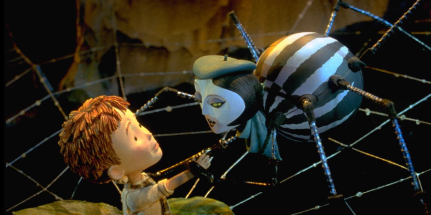 James and Miss Spider in front of a spider web voiced by Paul Terry and Susan Sarandon in 'James and the Giant Peach'