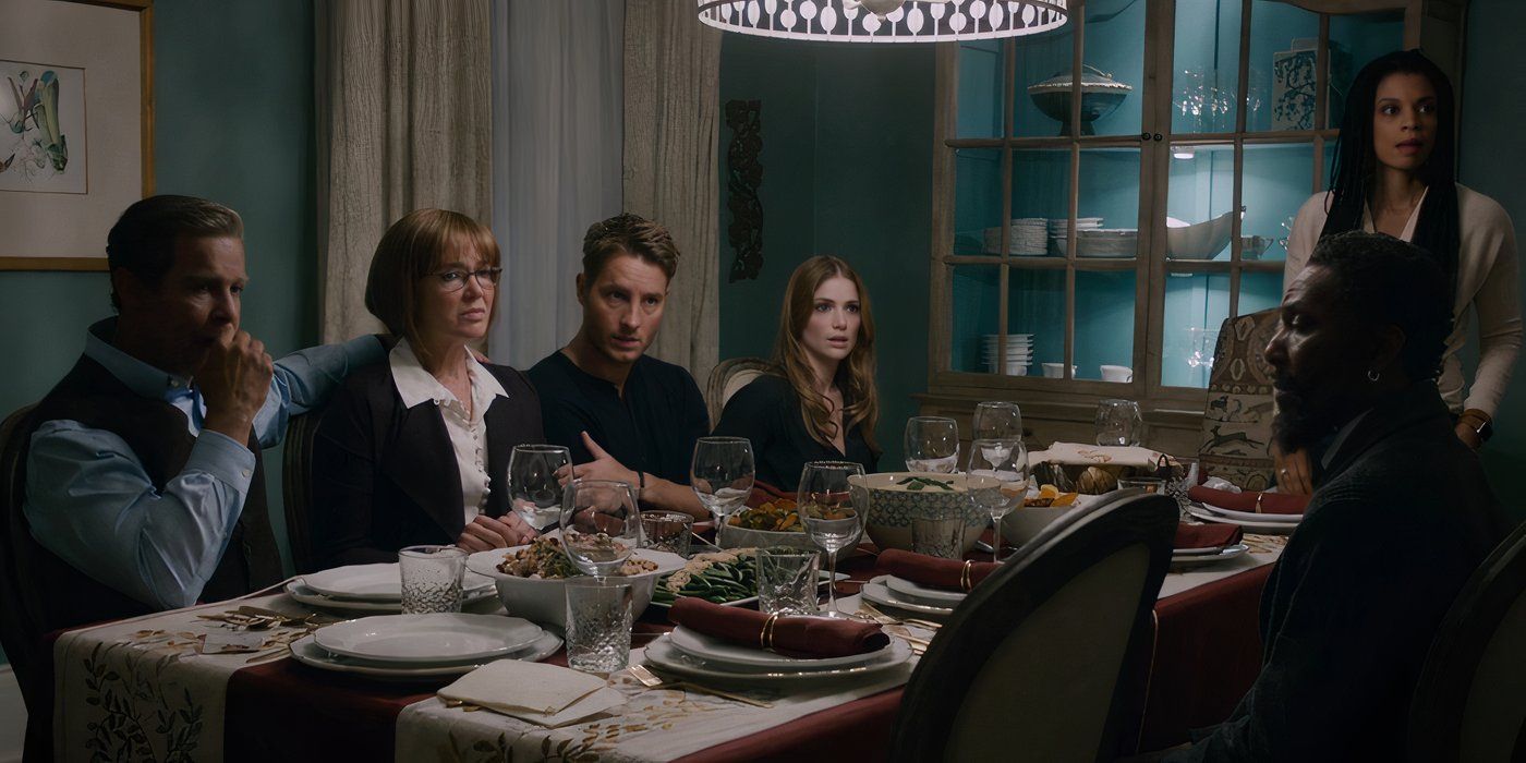 The Pearsons sit at the Thanksgiving dinner table in This Is Us.