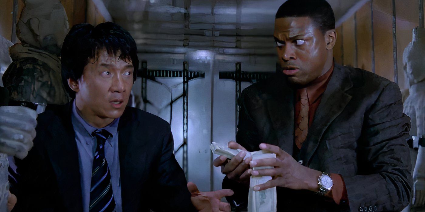 Cops Lee (Jackie Chan) and Carter (Chris Tucker) find counterfeit money in Rush Hour 2.