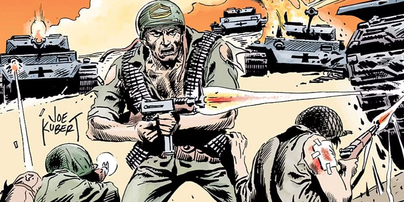 Sgt. Rock fires his weapon in a warzone, surrounded by Axis tanks, in the pages of &lsquo;Sgt. Rock.'