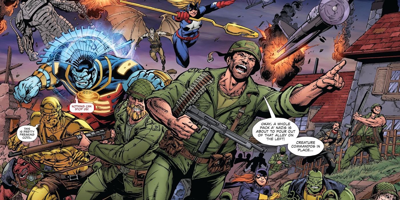 Sgt. Rock leads a band of DC Universe heroes, including the Stargirl, Batgirl, the Metal Men, OMAC, the Creature Commandos, and Easy Company, in battle.