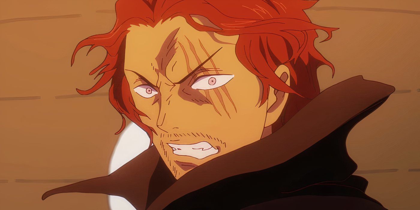 Shanks looking over his shoulder in shock in One Piece.