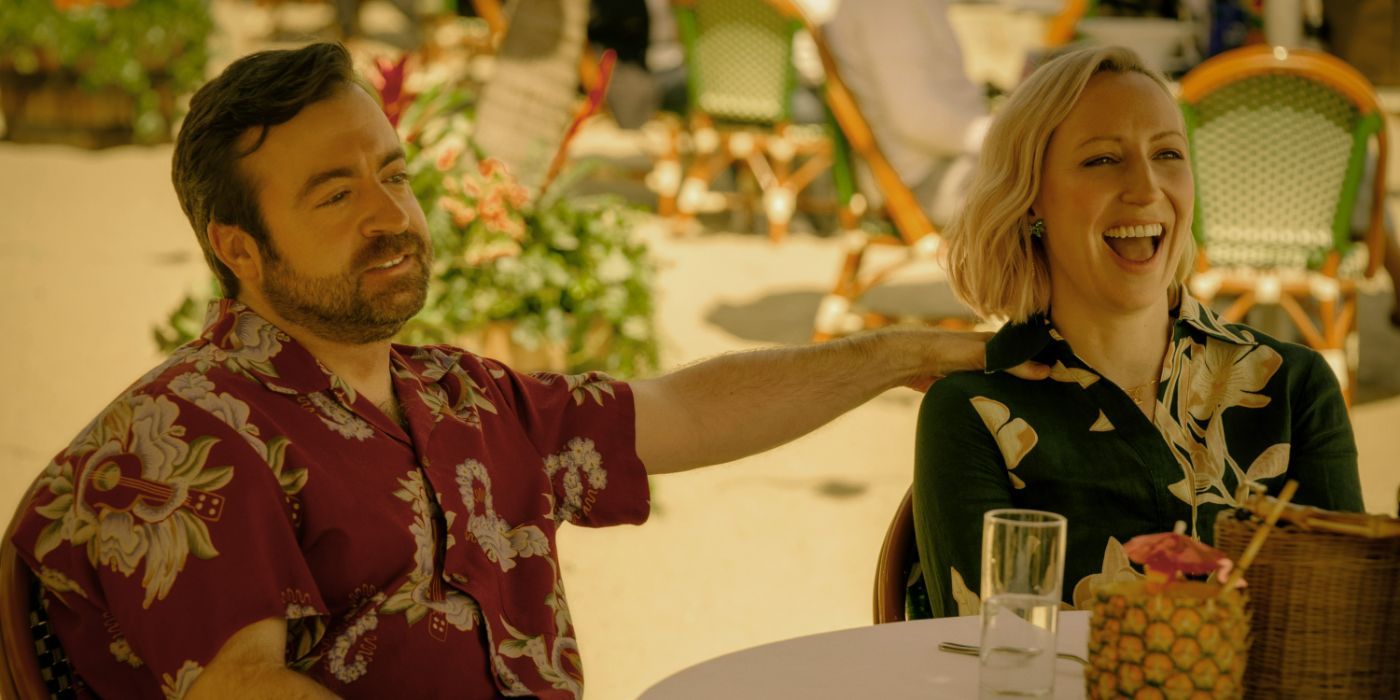 Derek Waters and Anna Konkle wear themed shirts and sip drinks out of pineapples in 'Side Quest'