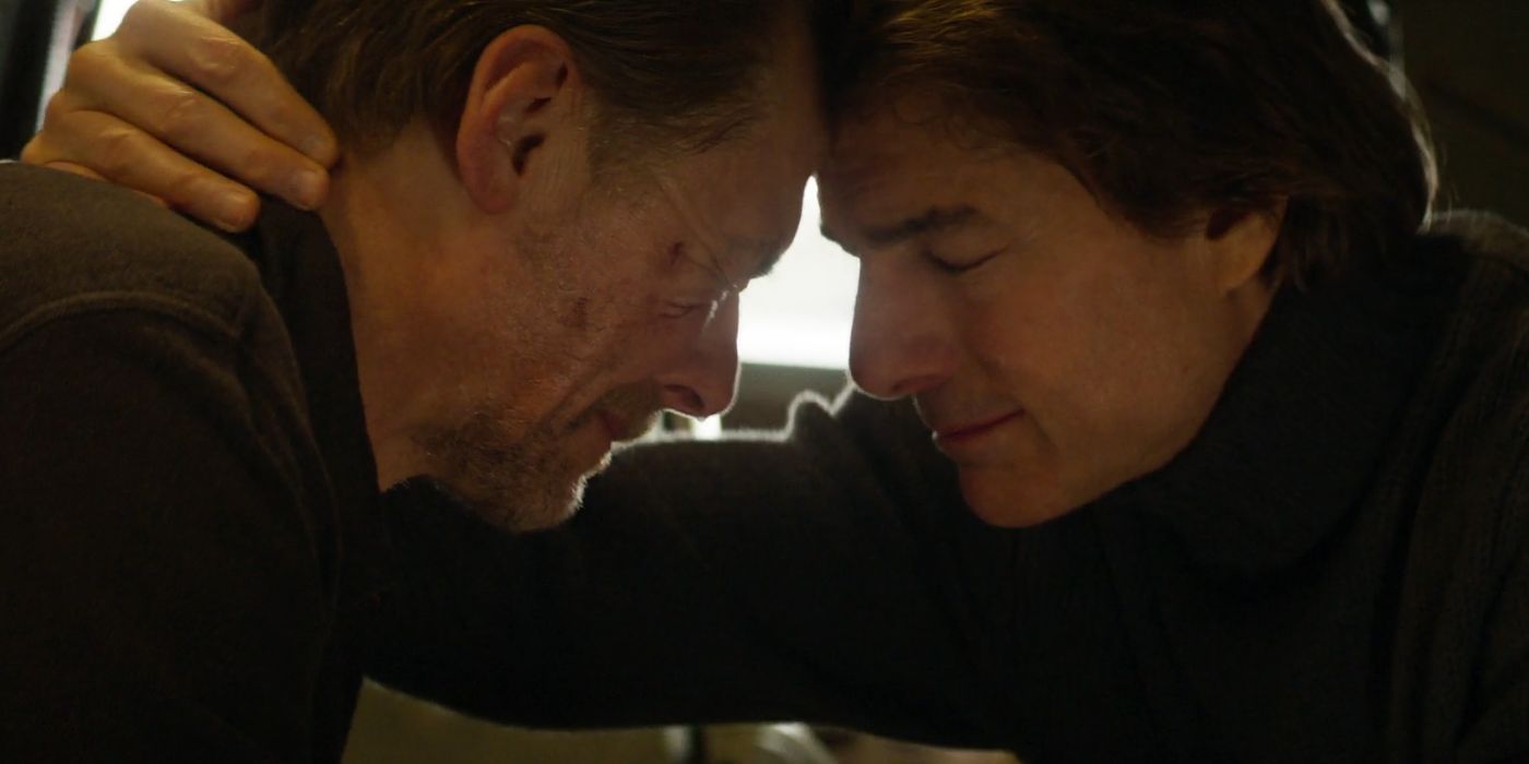 Simon Pegg and Tom Cruise as Benji and Ethan in Mission Impossible - The Final Reckoning.