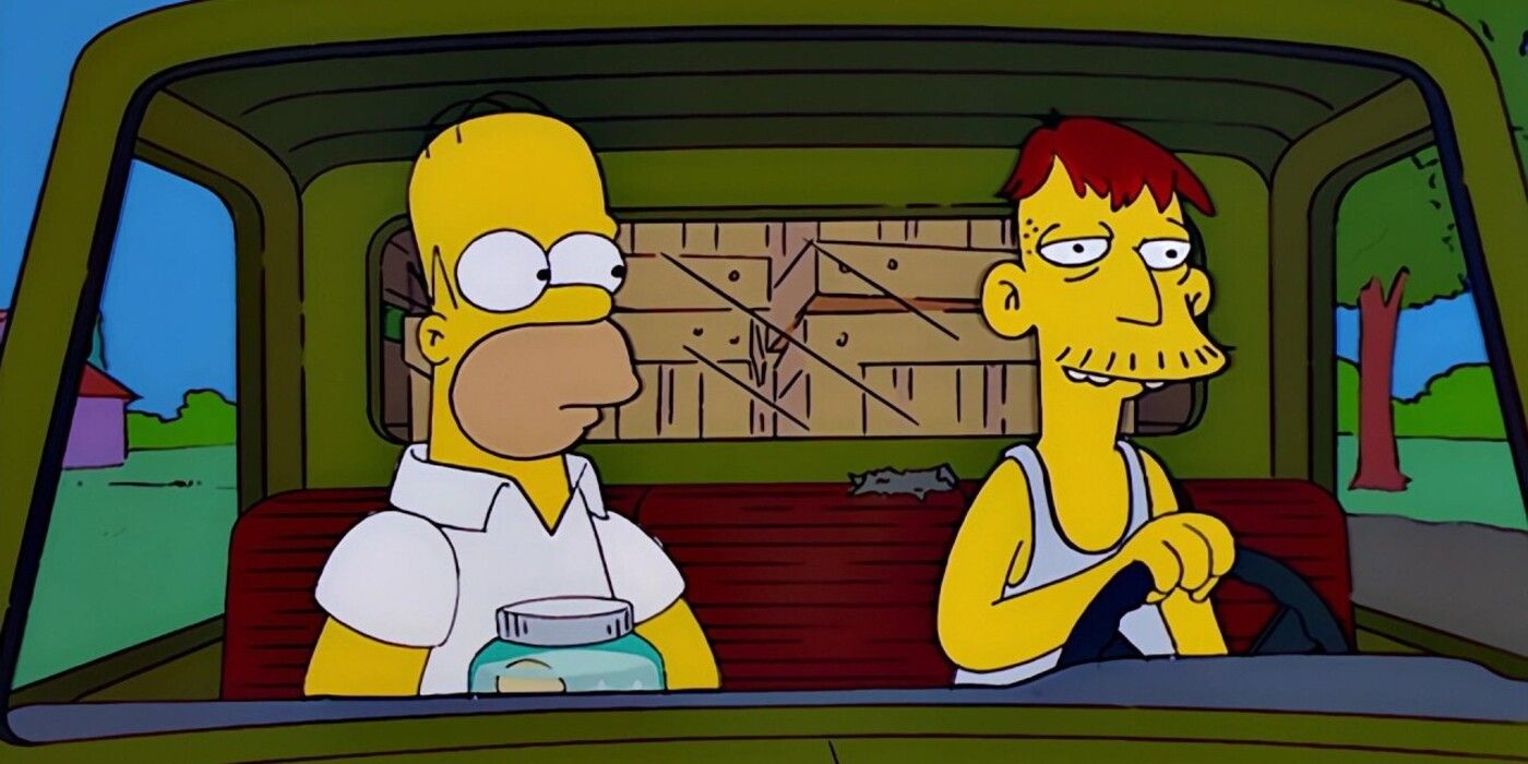 Homer and Cletus sitting together in Cletus's truck in the Simpsons episode "Trilogy of Error"