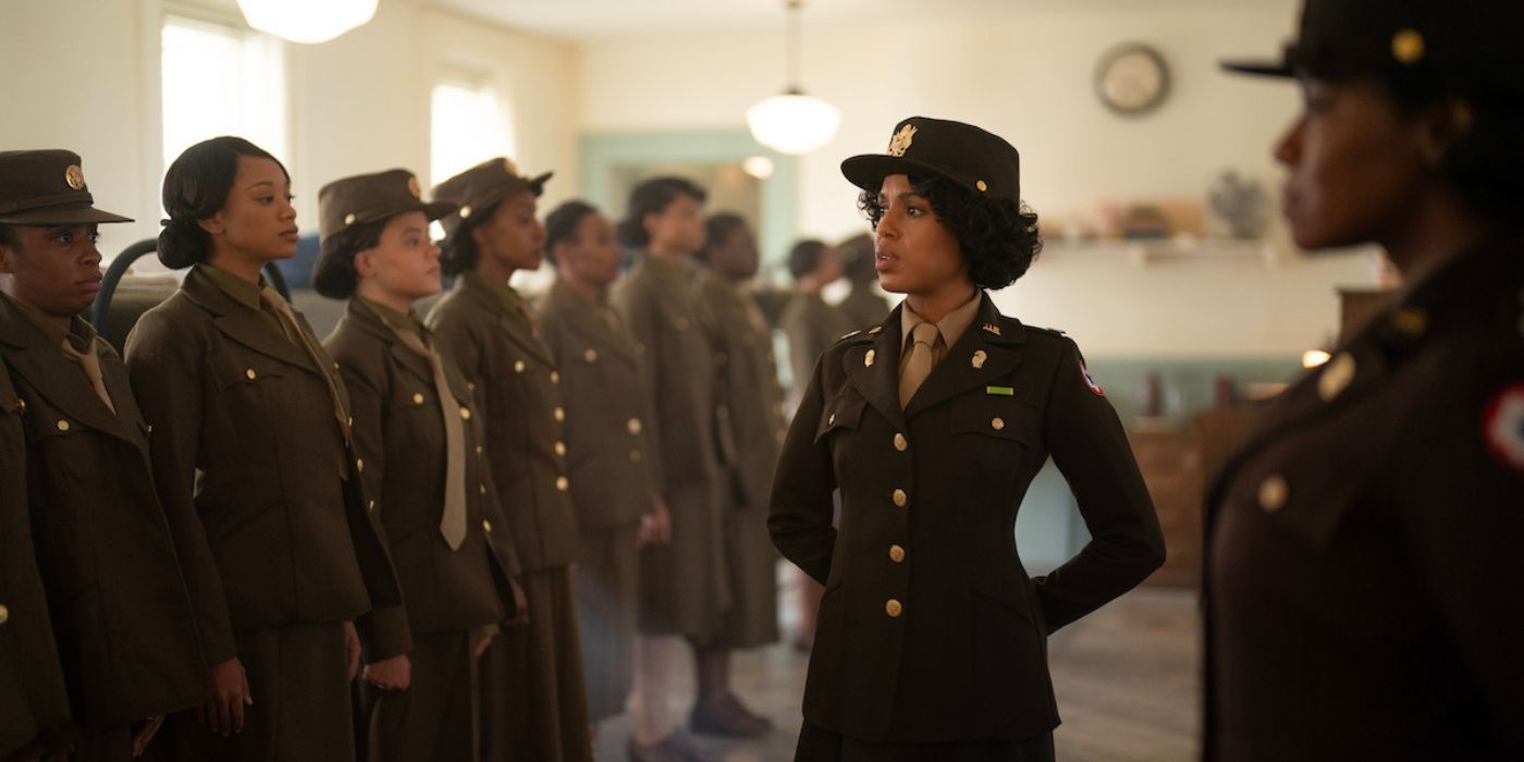 Kerry Washington as Major Charity Adams addressing her battalion in The Six Triple Eight