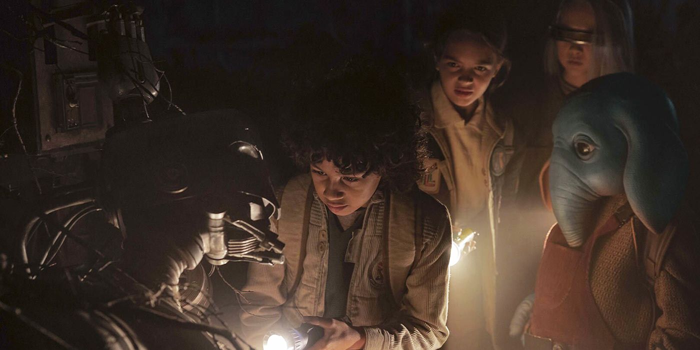 The Skeleton Crew kids shining flashlights on a robot in the dark