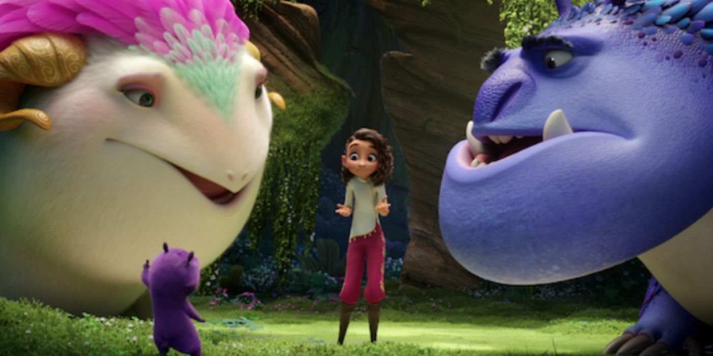 Princess Ellian standing in between two monsters in the middle of a forest.