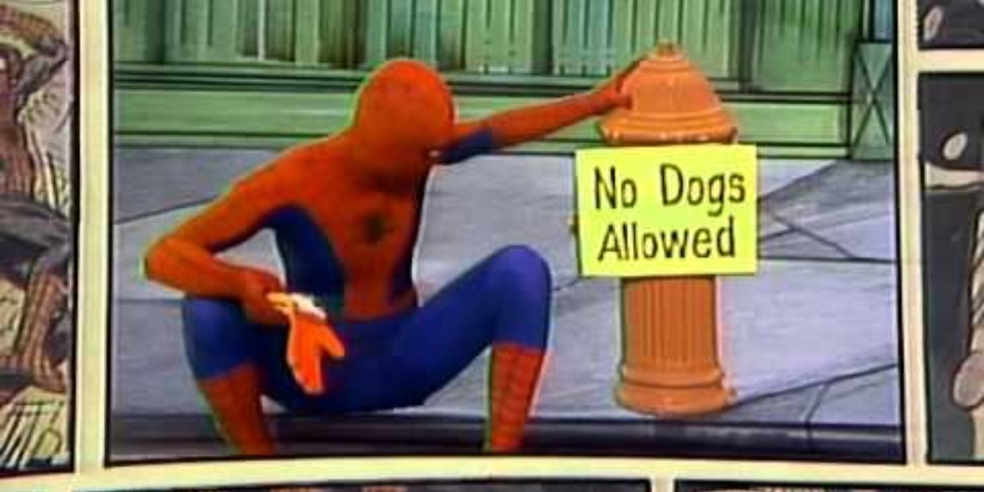 Spider-Man sits next to a fire hydrant in a comic image overlay in the PBS TV series Spidey Super Stories.