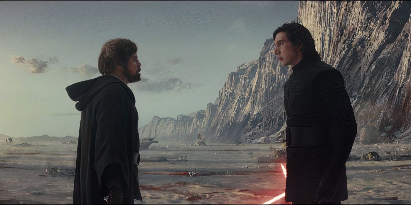 Kylo Ren (Adam Driver) faces off with a Force projection of Luke Skywalker (Mark Hamill) in 'Star Wars: The Last Jedi'