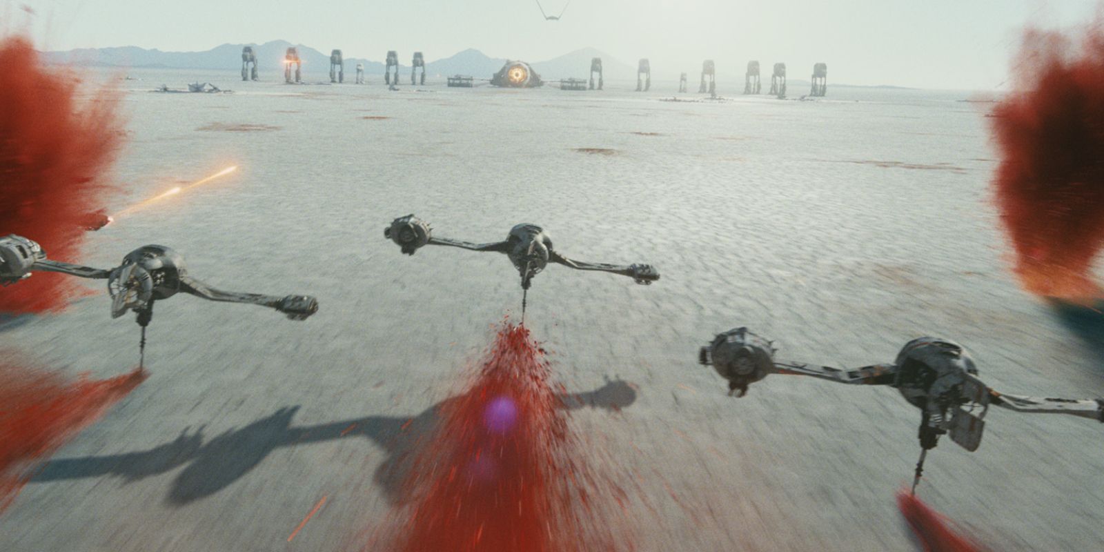 Resistance forces launch ride out to meet the First Order&rsquo;s forces in battle, sailing on the salt plains of Crait as red soil below flings into the air in &lsquo;Star Wars: Episode VIII - The Last Jedi&rsquo; (2017).