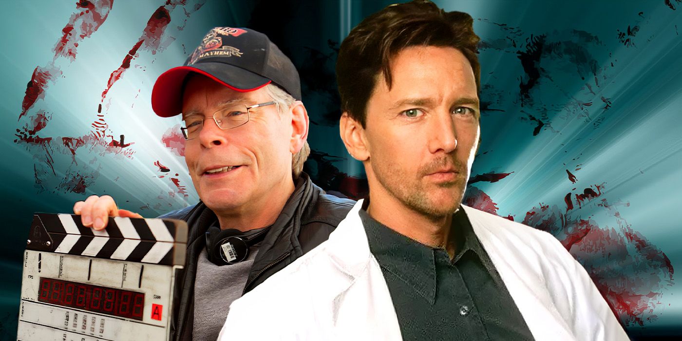Stephen King with Jamie Harrold playing Dr. Elmer Traff from Kingdom Hospital in front of a bloody background