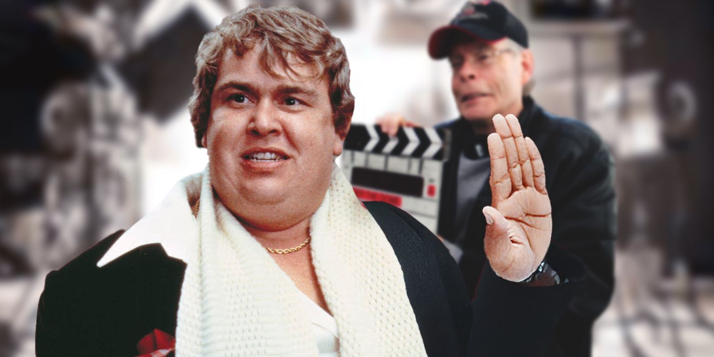 Actor John Candy holding his hand up to Stephen King, who stands behind him holding a clapper board.