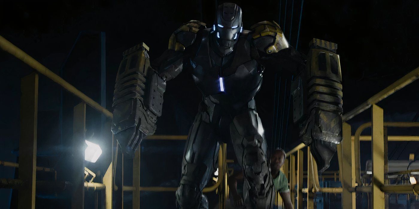 The Iron Man Striker armor punching the ground in Iron Man 3