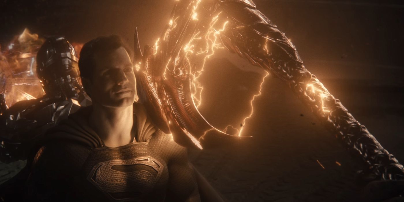 Superman with an ax on his shoulder to save Cyborg in Zack Snyder's Justice League