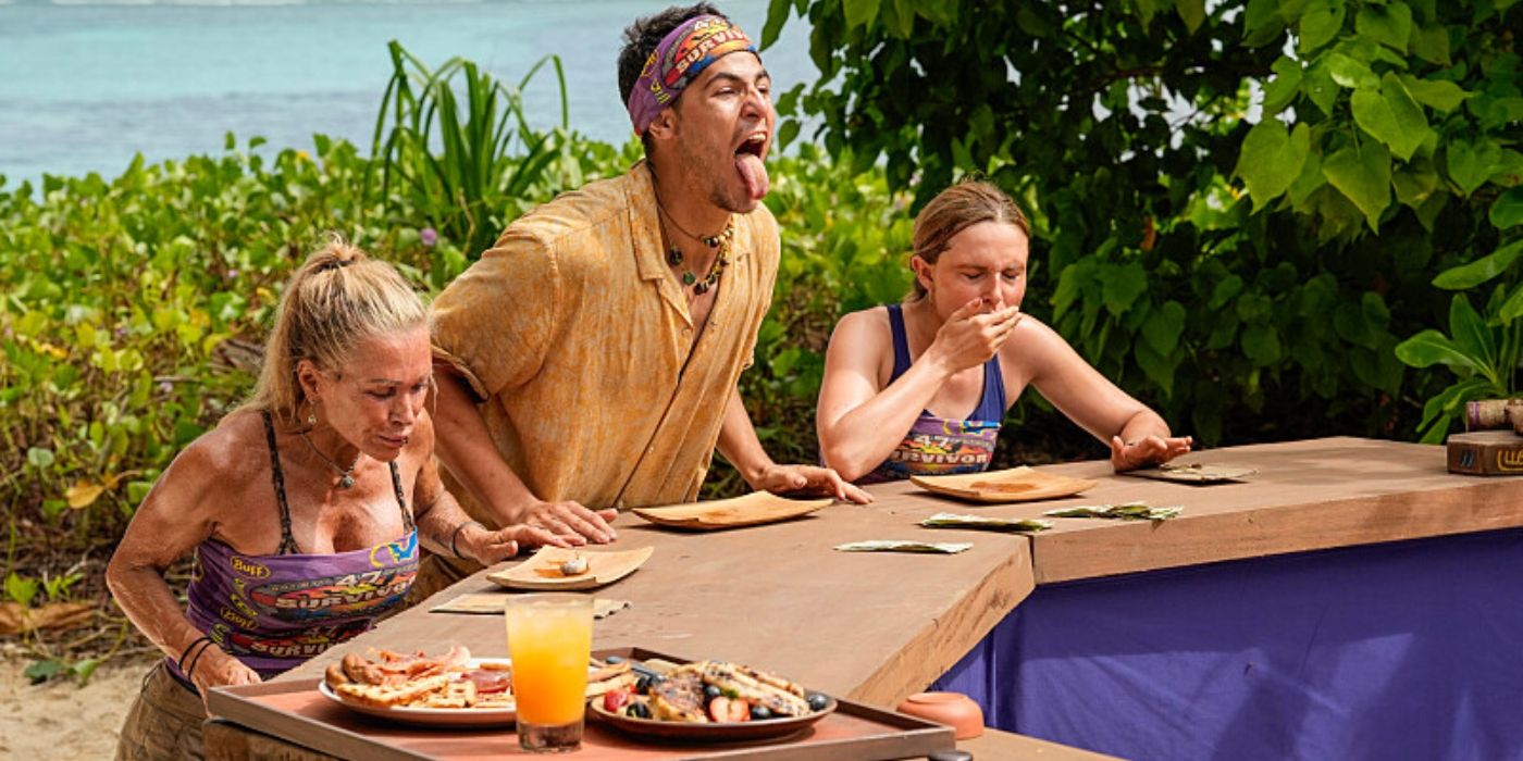 Sue, Sam, and Caroline chow down on grub on 'Survivor 47.'