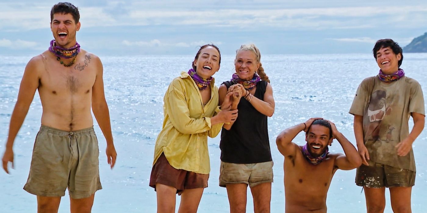 Sam Phalen, Rachel LaMont, Sue Smey, Gabe Ortis, and Teeny Chirichillo celebrate on 'Survivor 47' on the beach.