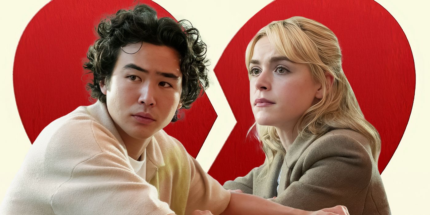 Nico Hiraga and Kiernan Shipka sitting across from each other with a broken heart in the back in 'Sweethearts'.