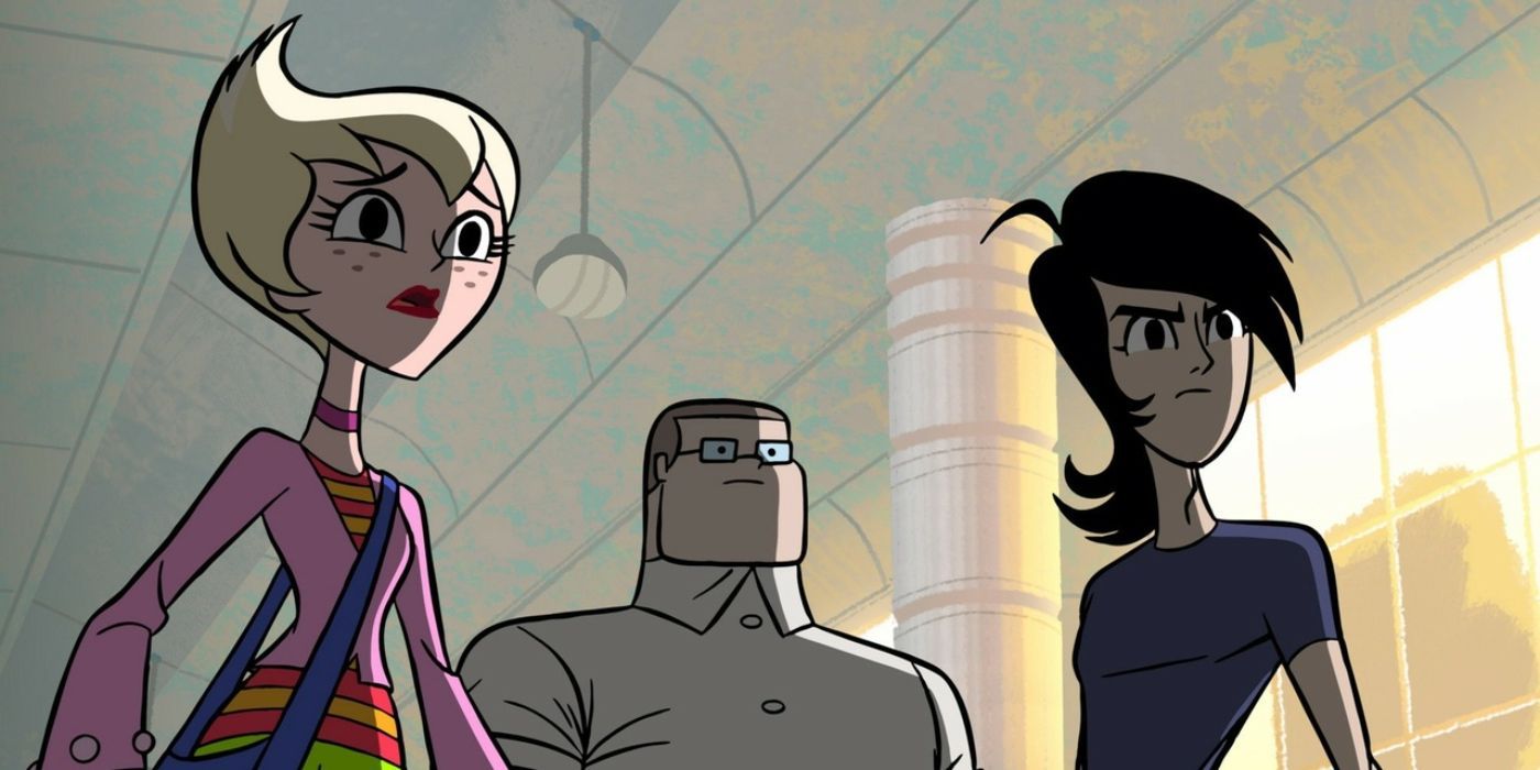 Ilana, Octus, and Lance look worried in the animated series Sym-Bionic Titan.