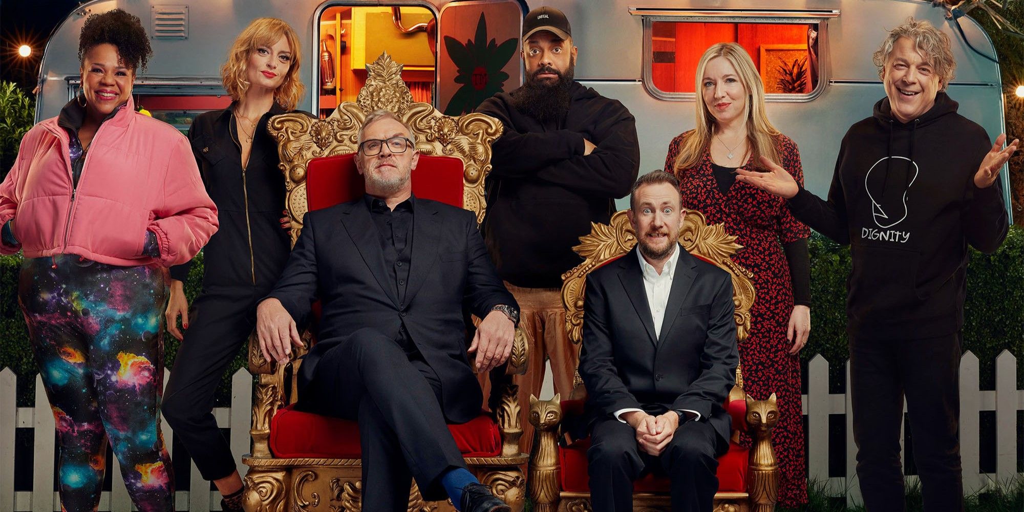 Promo image for Taskmaster series 12 of Alan Davies, Desiree Burch, Guz Khan, Morgana Robinson and Victoria Coren Mitchell with hosts Greg Davies and Alex Horne